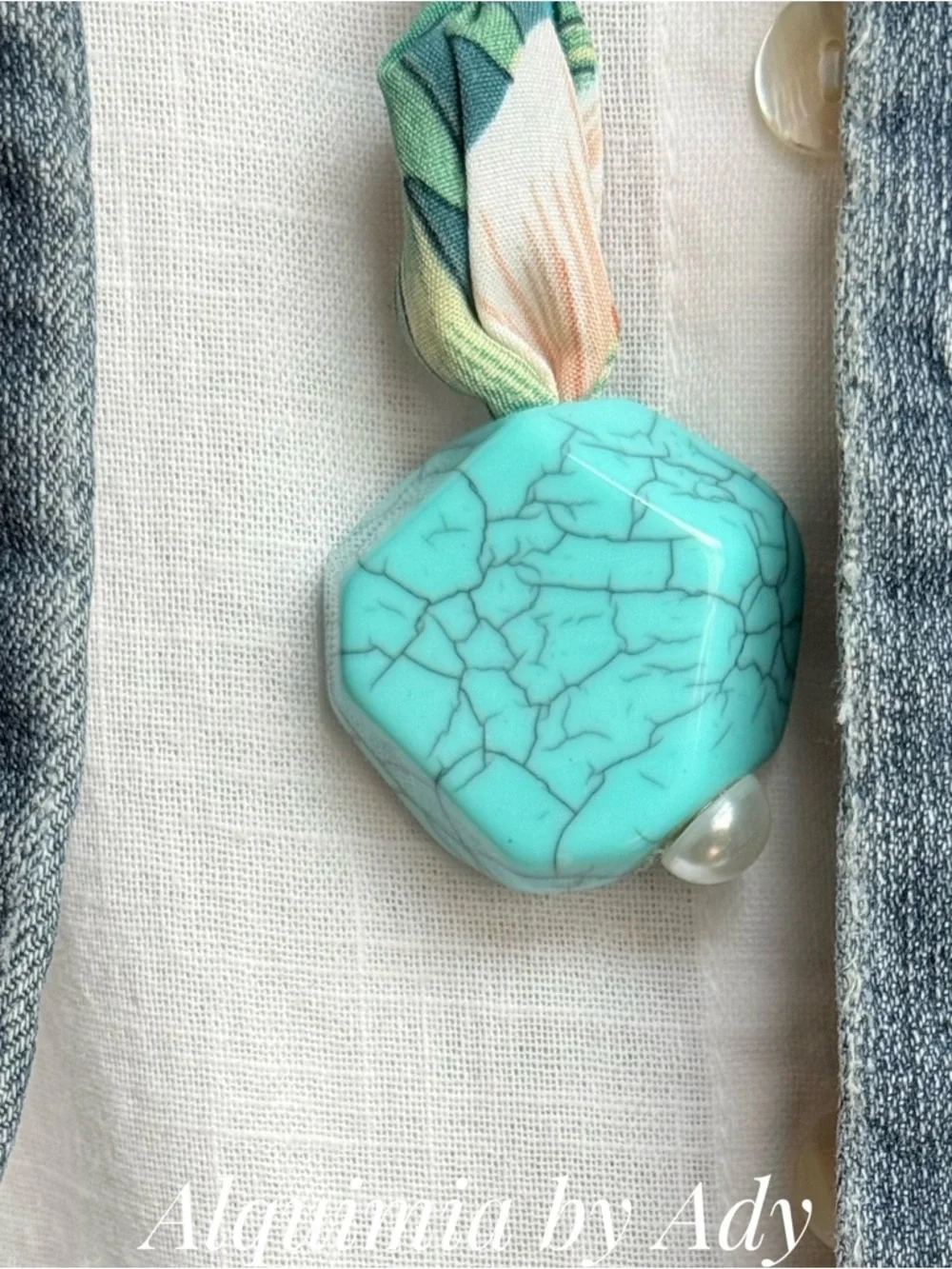 Acrylic Turquoise Blue Veined Stone Pendant Necklace BRUTALIST